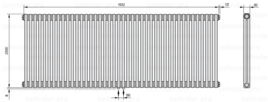 Схема (чертеж) Радиатор Zehnder Charleston 2250/42 №3470 Белый глянцевый RAL 9016